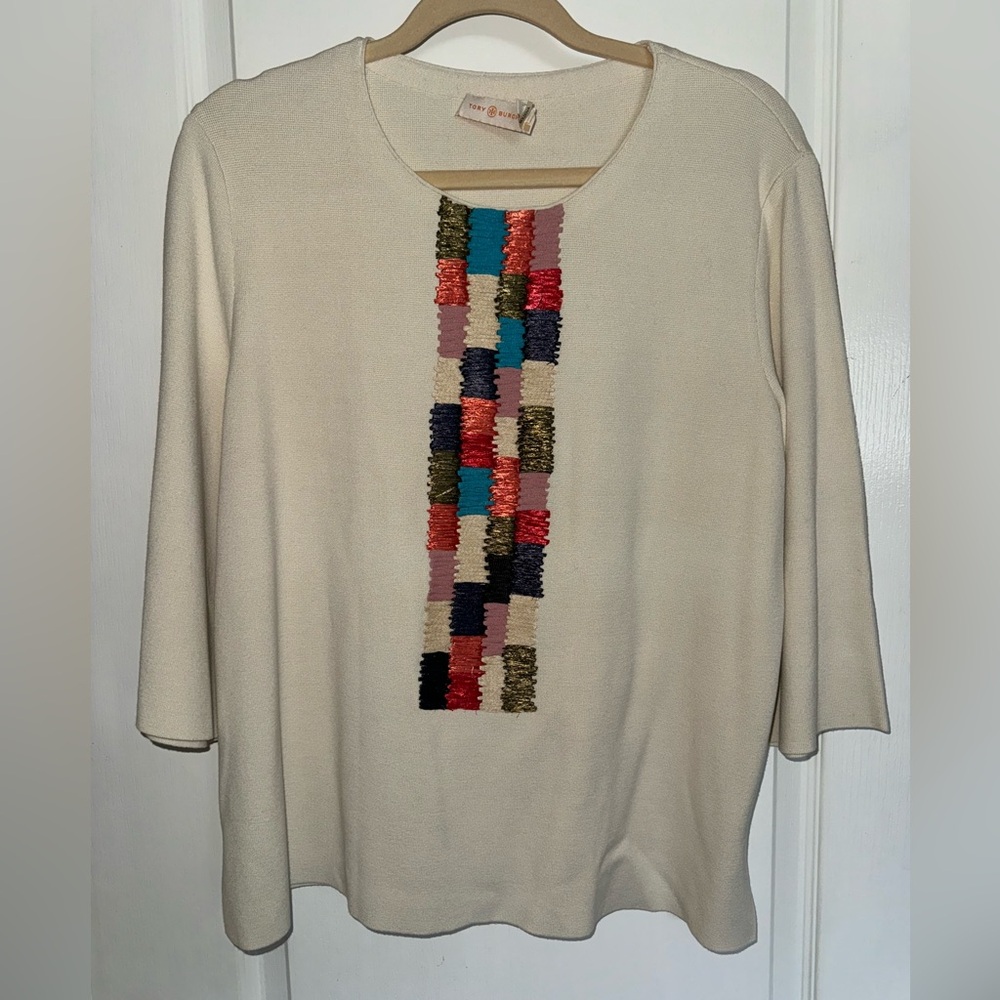 Tory Burch Ivory 3/4 Sleeve Top with Decorative Straw Design Size Medium